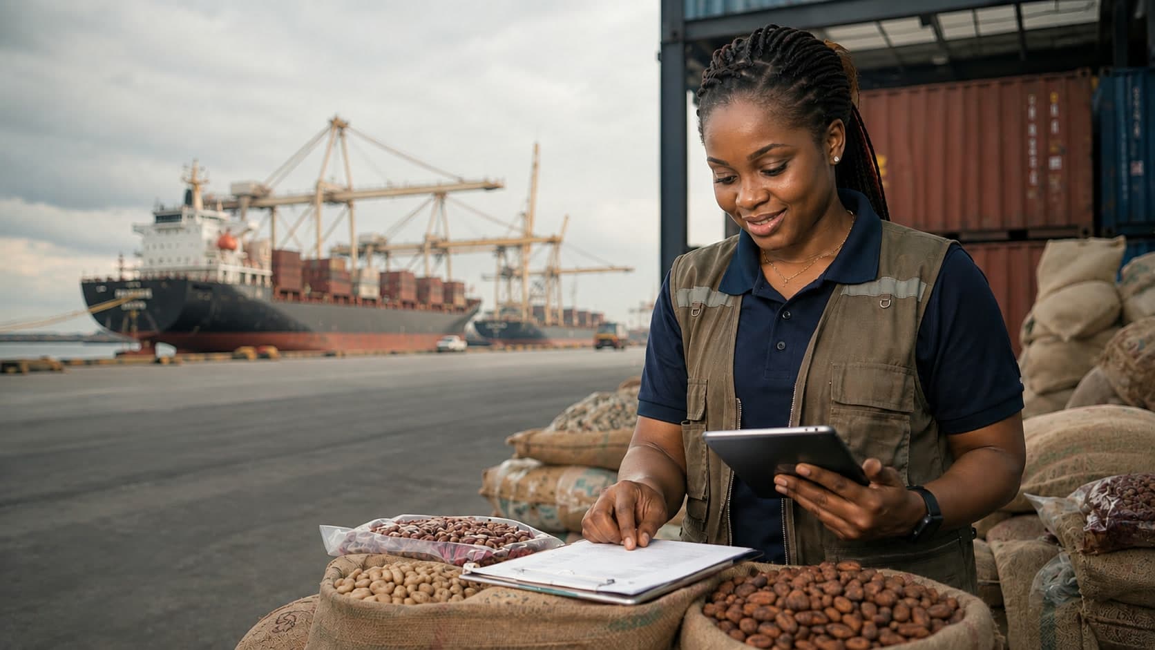 A compliance officer inspects commodity samples on a tablet at an export port.